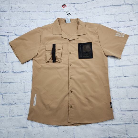 GTL4 MENS SIZE M Tan Button Front Short Sleeve Mesh Zip Pocket Military - Picture 1 of 10
